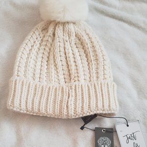Vince Camuto Off White Knit Beanie With Poof Detail